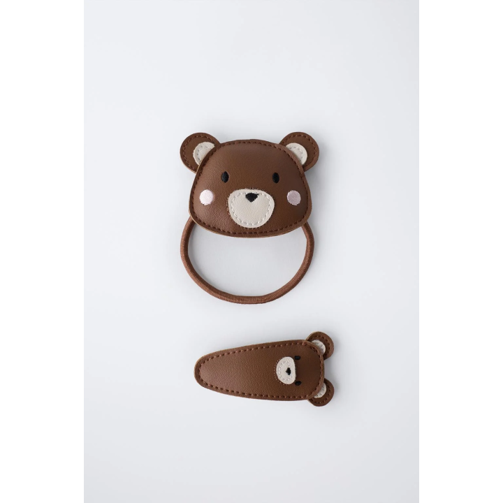 PACK OF SCRUNCHIE AND LEATHER EFFECT BEAR CLIP