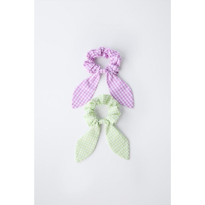 НАБОР ИЗ ДВУХ РЕЗИНОК ДЛЯ ВОЛОС С БАНТИКОМ В КЛЕТКУ ВИШИ