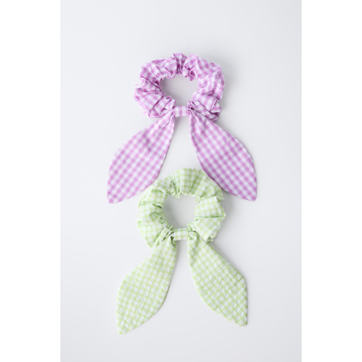 НАБОР ИЗ ДВУХ РЕЗИНОК ДЛЯ ВОЛОС С БАНТИКОМ В КЛЕТКУ ВИШИ