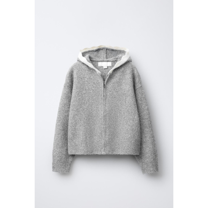 ВЯЗАНАЯ КУРТКА С КАПЮШОНОМ И КРУЖЕВНОЙ ОТДЕЛКОЙ