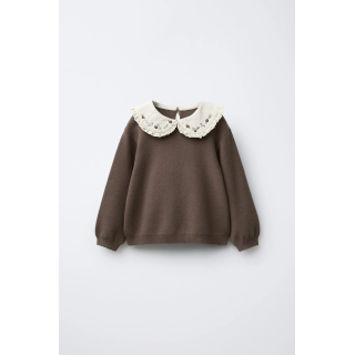 ВЯЗАНЫЙ СВИТЕР С ВОРОТНИКОМ-БАНТОМ И ЦВЕТАМИ