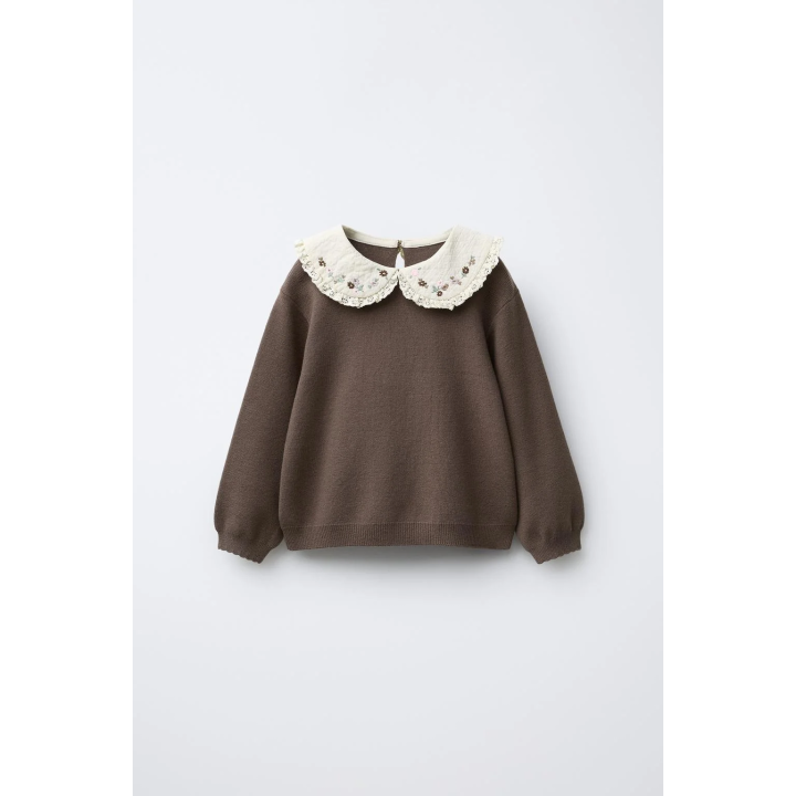 ВЯЗАНЫЙ СВИТЕР С ВОРОТНИКОМ-БАНТОМ И ЦВЕТАМИ