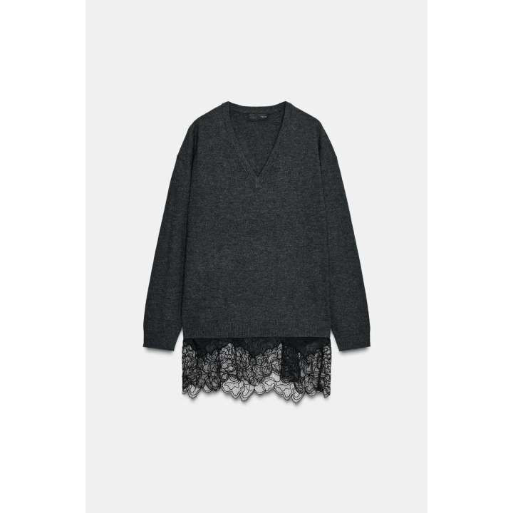 ДЛИННЫЙ СВИТЕР С КОНТРАСТНЫМ КРУЖЕВОМ