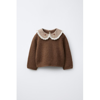 ТРИКОТАЖНЫЙ ДЖЕМПЕР С ПОЛОСАТЫМ ВОРОТНИКОМ И ЦВЕТАМИ