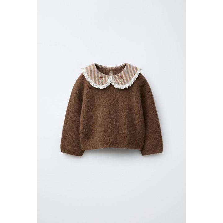 ТРИКОТАЖНЫЙ ДЖЕМПЕР С ПОЛОСАТЫМ ВОРОТНИКОМ И ЦВЕТАМИ