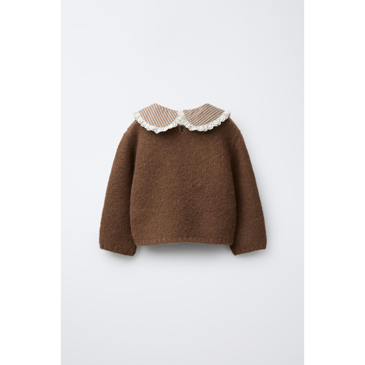 ТРИКОТАЖНЫЙ ДЖЕМПЕР С ПОЛОСАТЫМ ВОРОТНИКОМ И ЦВЕТАМИ