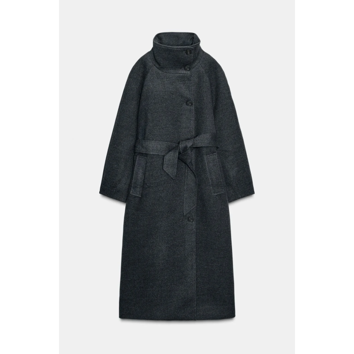 ПАЛЬТО С ВЫСОКИМ ВОРОТНИКОМ ИЗ МЯГКОЙ ТКАНИ С ПОЯСОМ
