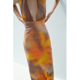 ПЛАТЬЕ МИДИ С ХАЛТЕРОМ ИЗ ТЮЛЯ С ПРИНТОМ