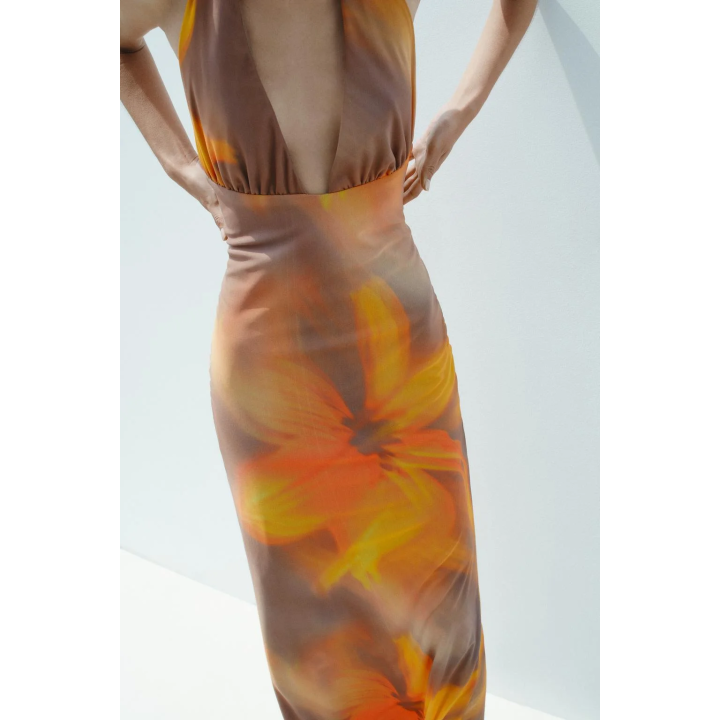 ПЛАТЬЕ МИДИ С ХАЛТЕРОМ ИЗ ТЮЛЯ С ПРИНТОМ