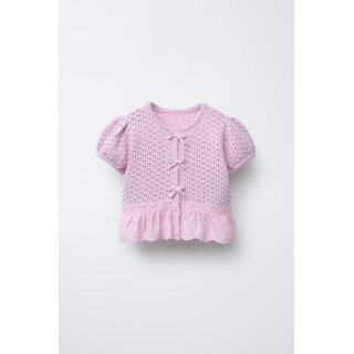 ВЯЗАНЫЙ КАРДИГАН С БАНТАМИ И КРУЖЕВОМ