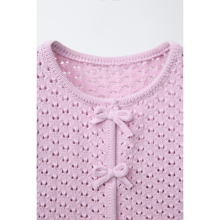 ВЯЗАНЫЙ КАРДИГАН С БАНТАМИ И КРУЖЕВОМ