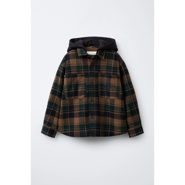 КУРТКА-РУБАШКА В КЛЕТКУ ИЗ ОВЧИНЫ СО СЪЕМНЫМ КАПЮШОНОМ