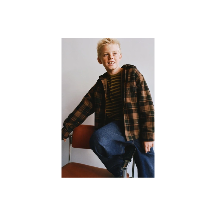 КУРТКА-РУБАШКА В КЛЕТКУ ИЗ ОВЧИНЫ СО СЪЕМНЫМ КАПЮШОНОМ