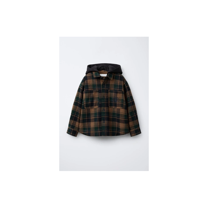 КУРТКА-РУБАШКА В КЛЕТКУ ИЗ ОВЧИНЫ СО СЪЕМНЫМ КАПЮШОНОМ