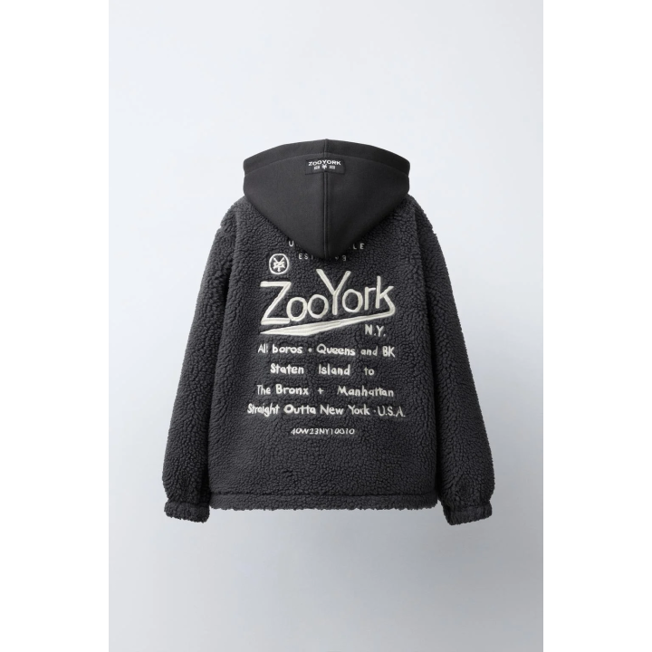 FAUX SHEARLING OVERSHIRT WITH REMOVABLE HOOD AND EMBROIDERED ZOO YORK® X ZARA DETAIL