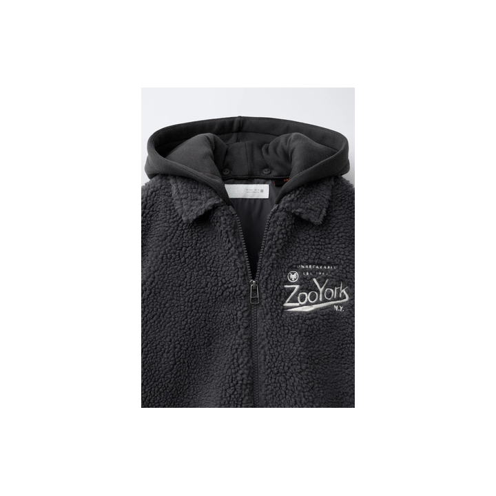 FAUX SHEARLING OVERSHIRT WITH REMOVABLE HOOD AND EMBROIDERED ZOO YORK® X ZARA DETAIL