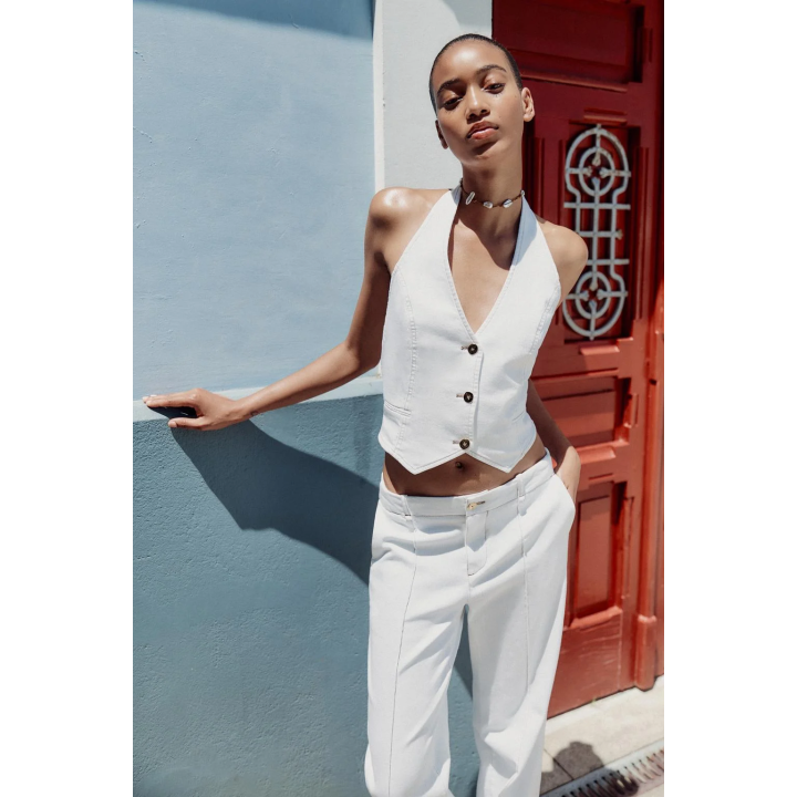 КОРОТКИЙ ДЖИНСОВЫЙ ТОП Z1975 С ГОРЛОВИНОЙ ХАЛТЕР