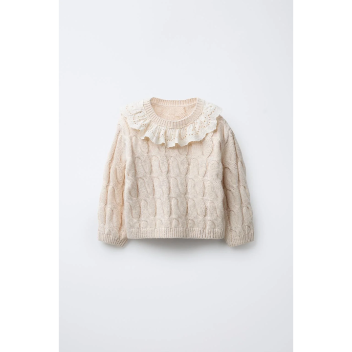 СВИТЕР С УЗОРОМ «КОСЫ» И КРУЖЕВНЫМ ВОРОТНИКОМ