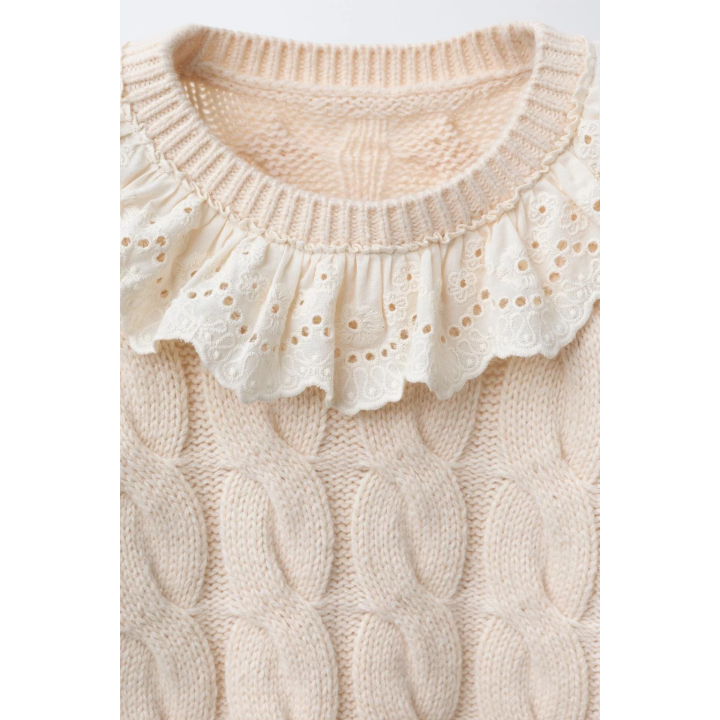 СВИТЕР С УЗОРОМ «КОСЫ» И КРУЖЕВНЫМ ВОРОТНИКОМ