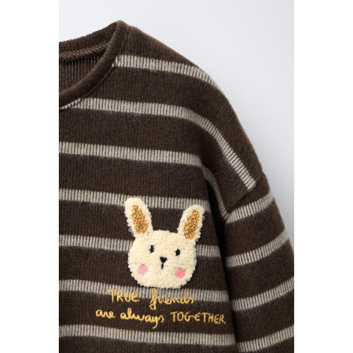 ФУТБОЛКА ИЗ МЯГКОЙ ТКАНИ В ПОЛОСКУ С МАХРОВОЙ НАШИВКОЙ «КРОЛИК»