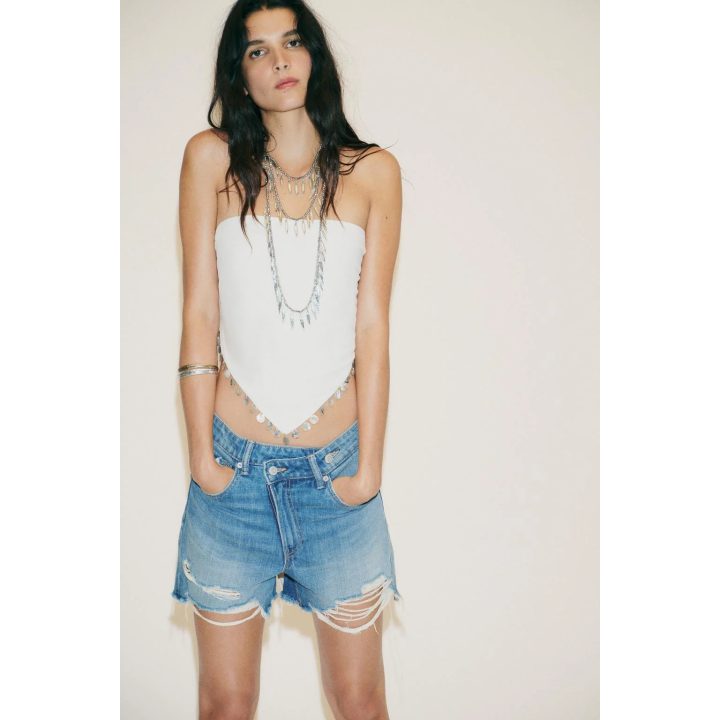 ДЖИНСОВЫЕ ШОРТЫ TRF С ВЫСОКОЙ ПОСАДКОЙ MOM FIT И КОСОЙ ЗАСТЕЖКОЙ