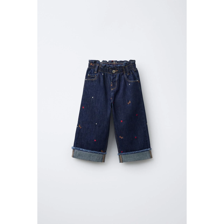 ДЖИНСЫ-КЮЛОТЫ С ВЫШИВКОЙ В ВИДЕ СОБАКИ