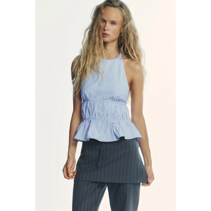 ПОПЛИНОВЫЙ ТОП В ПОЛОСКУ С ГОРЛОВИНОЙ ХАЛТЕР