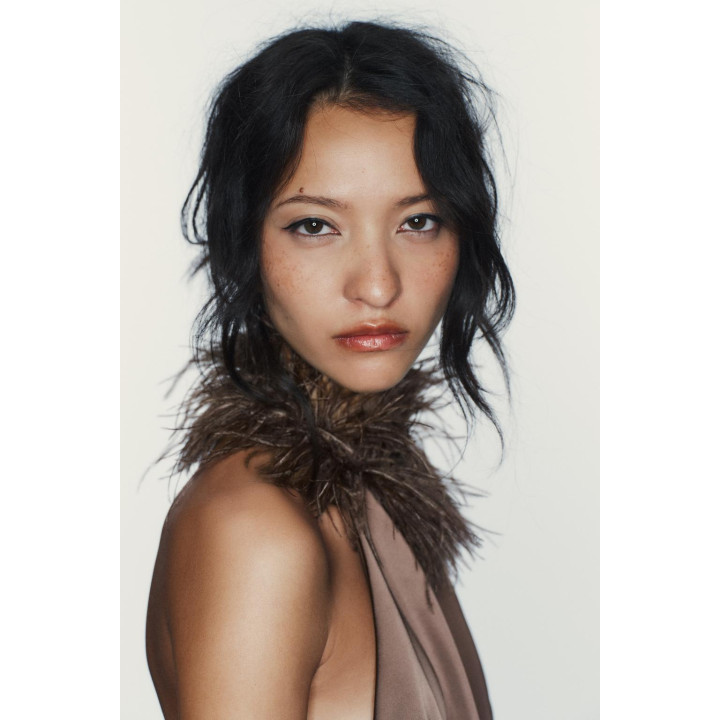 HALTER DRESS WITH FEATHERS