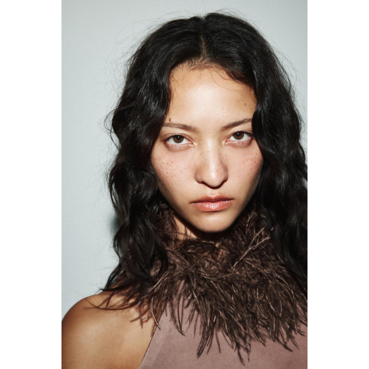 HALTER DRESS WITH FEATHERS