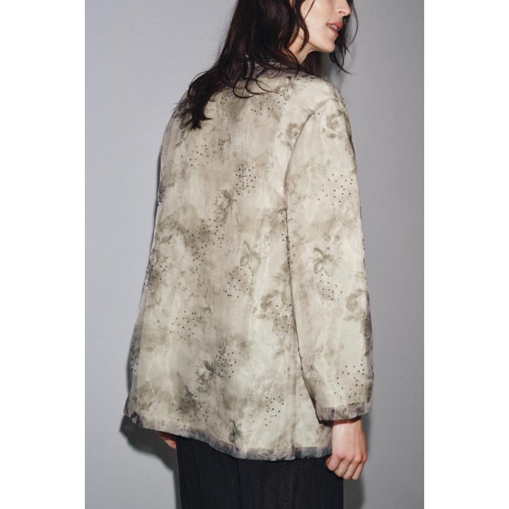 КИМОНО ИЗ ОРГАНЗЫ С ПРИНТОМ И БУСИНАМИ