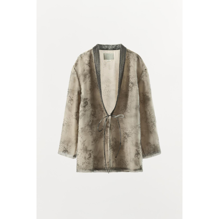 КИМОНО ИЗ ОРГАНЗЫ С ПРИНТОМ И БУСИНАМИ