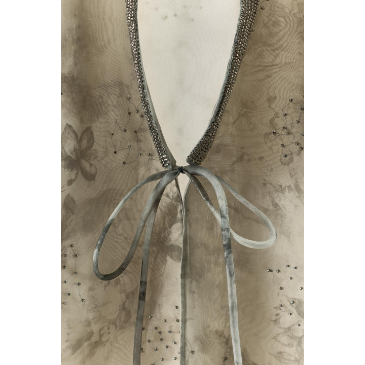 КИМОНО ИЗ ОРГАНЗЫ С ПРИНТОМ И БУСИНАМИ