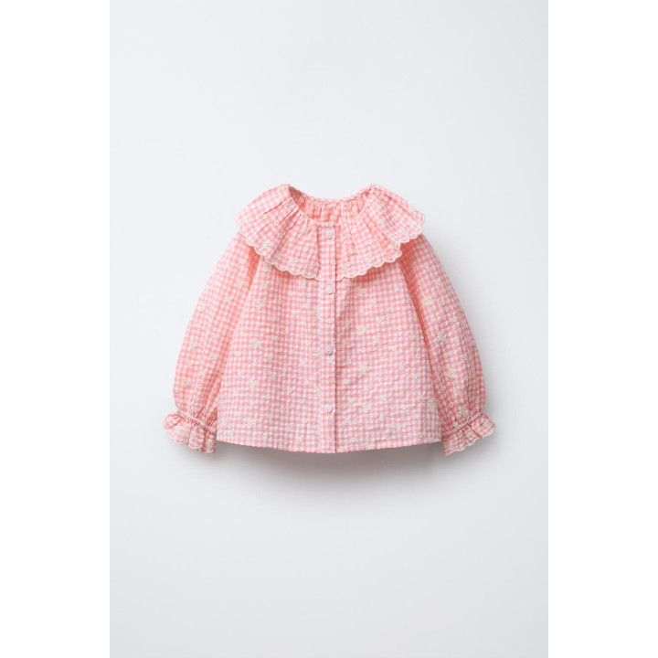 БЛУЗКА В КЛЕТКУ ВИШИ С ВЫШИВКОЙ «ЦВЕТЫ»