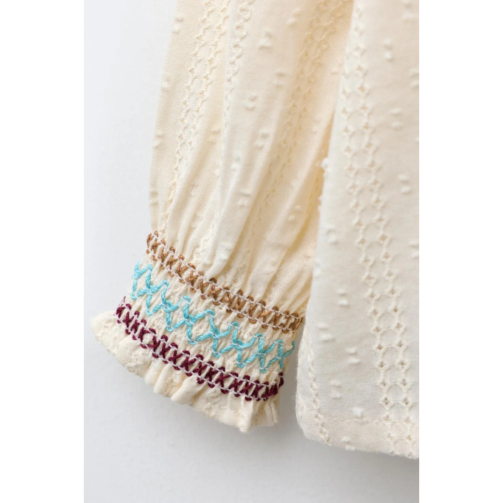 РУБАШКА ИЗ СЕТЧАТОЙ ТКАНИ В ГОРОШЕК С ВЫШИВКОЙ