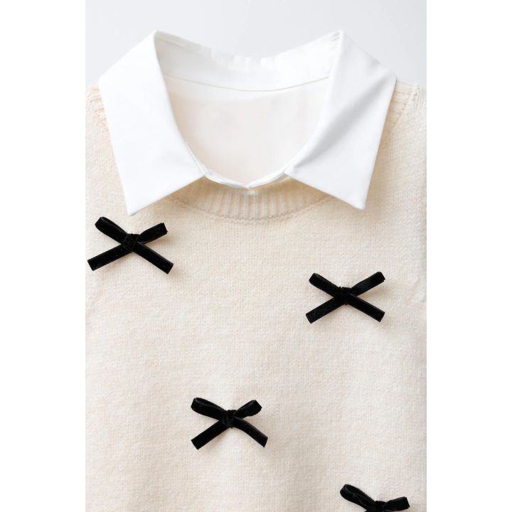 РУБАШКА ИЗ ПОПЛИНА С ТРИКОТАЖНЫМ ЖИЛЕТОМ И БАРХАТНЫМИ БАНТАМИ