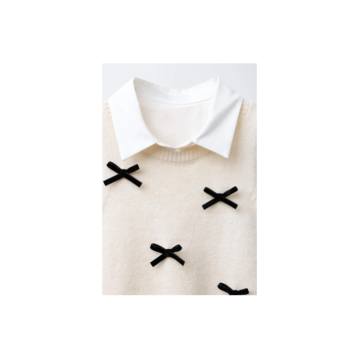 РУБАШКА ИЗ ПОПЛИНА С ТРИКОТАЖНЫМ ЖИЛЕТОМ И БАРХАТНЫМИ БАНТАМИ