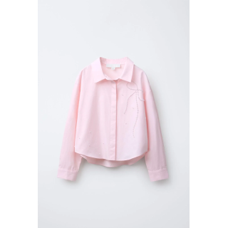 РУБАШКА ИЗ ПОПЛИНА С БАНТОМ И БУСИНАМИ