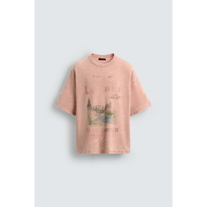 ТРИКОТАЖНАЯ ФУТБОЛКА С ПРИНТОМ И ЭФФЕКТОМ СТИРКИ