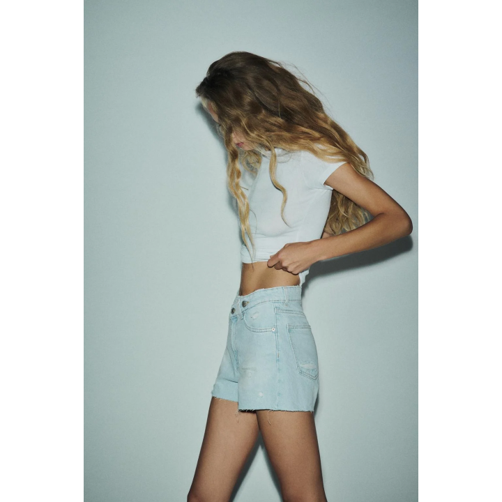 HIGH-WAIST CROSSOVER WAIST MOM FIT TRF DENIM BERMUDA SHORTS