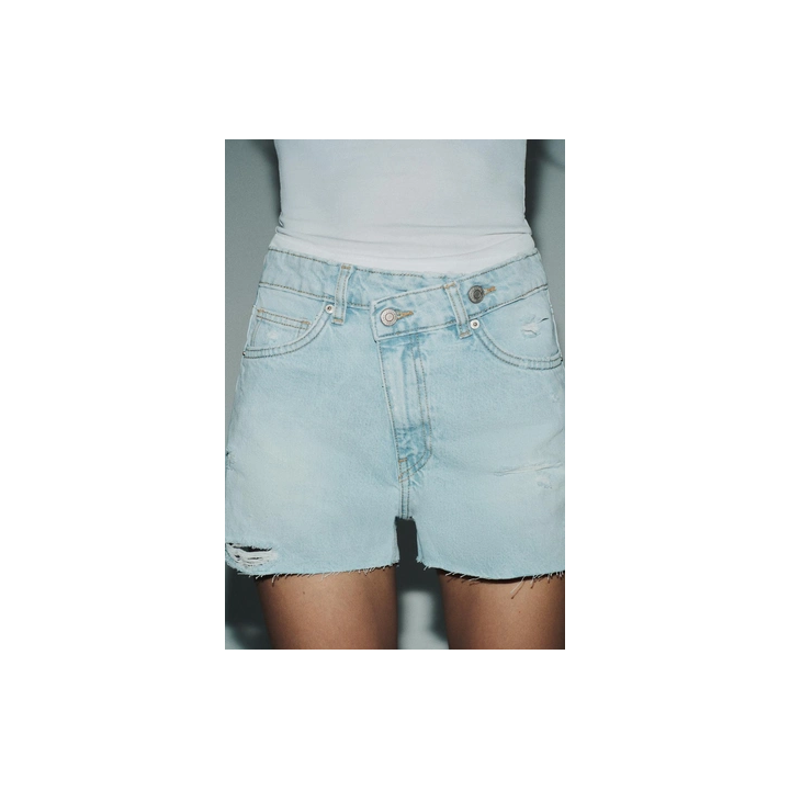 HIGH-WAIST CROSSOVER WAIST MOM FIT TRF DENIM BERMUDA SHORTS
