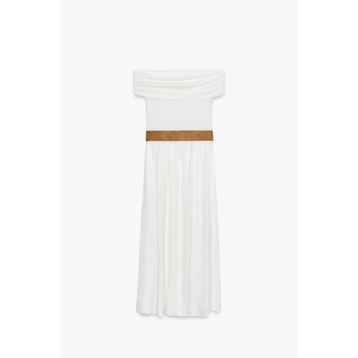 КОМБИНИРОВАННОЕ ПЛАТЬЕ-МИДИ С ОТКРЫТЫМИ ПЛЕЧАМИ И ПОЯСОМ