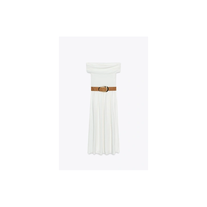 КОМБИНИРОВАННОЕ ПЛАТЬЕ-МИДИ С ОТКРЫТЫМИ ПЛЕЧАМИ И ПОЯСОМ