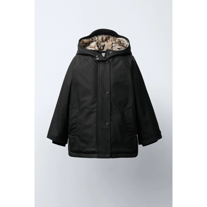 WATER-REPELLENT COATED JACKET WITH FAUX FUR ANIMAL PRINT