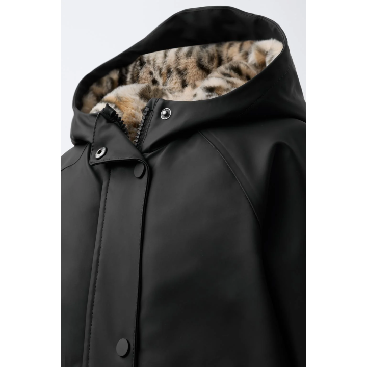 WATER-REPELLENT COATED JACKET WITH FAUX FUR ANIMAL PRINT