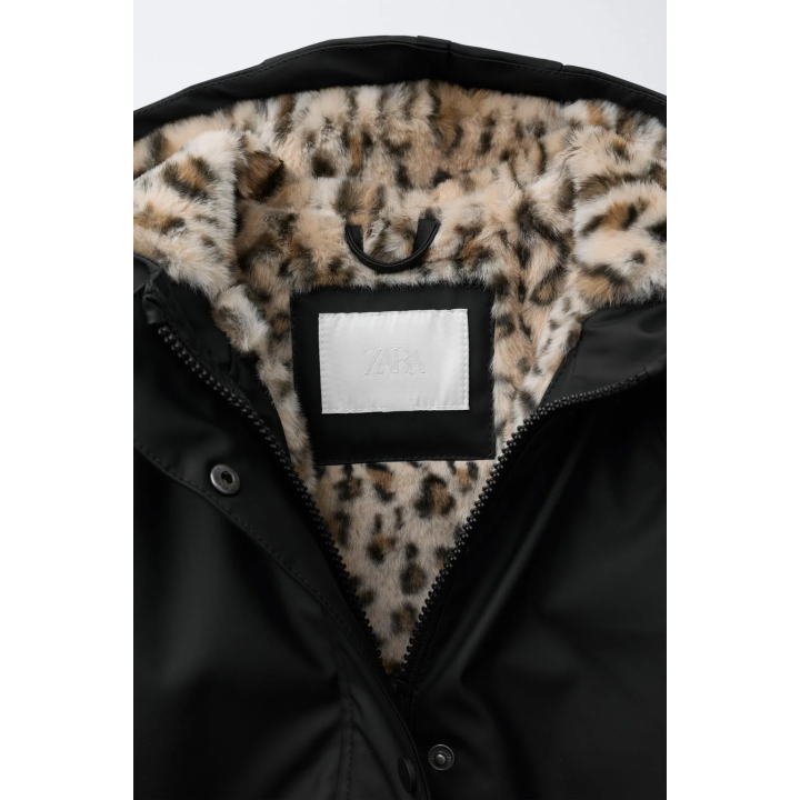 WATER-REPELLENT COATED JACKET WITH FAUX FUR ANIMAL PRINT