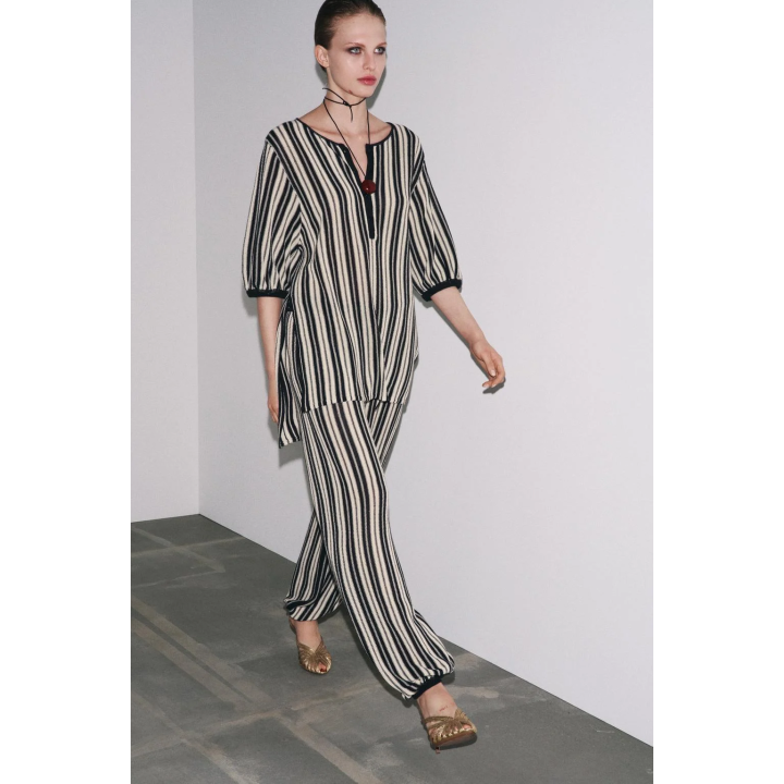 БРЮКИ В ПОЛОСКУ ИЗ ЛЬНЯНОЙ ТКАНИ С МАНЖЕТАМИ