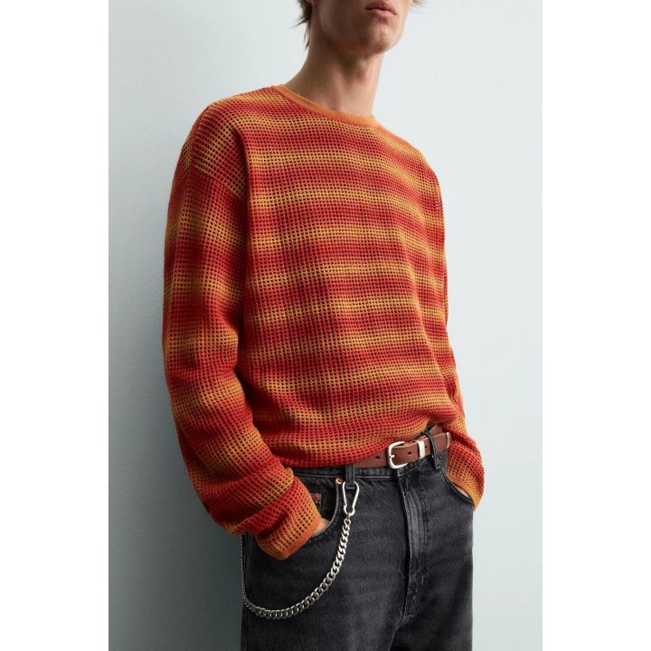 СВИТЕР В ПОЛОСКУ С АЖУРНЫМ УЗОРОМ