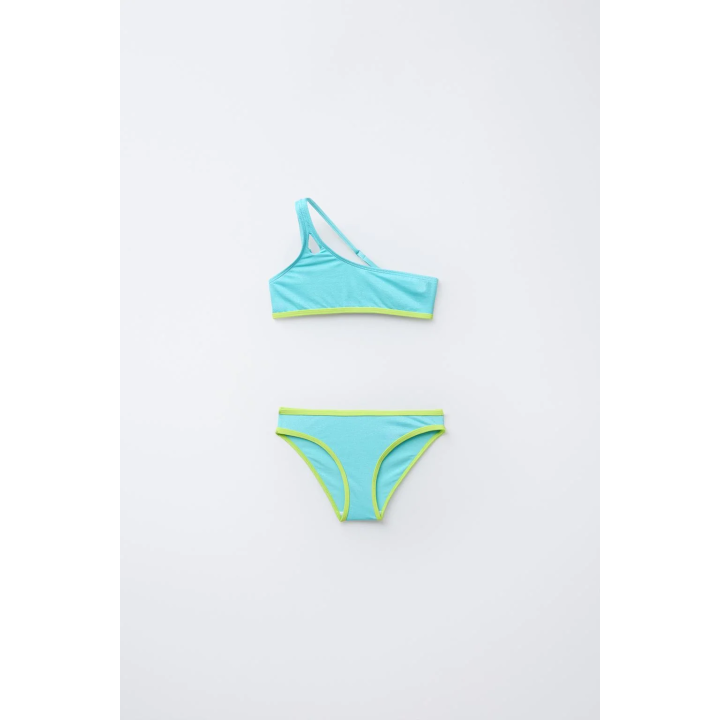 Детский купальник 6-14 лет с ярким асимметричным верхом и отделкой