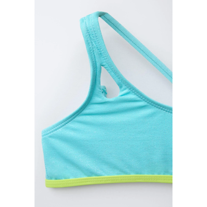 Детский купальник 6-14 лет с ярким асимметричным верхом и отделкой