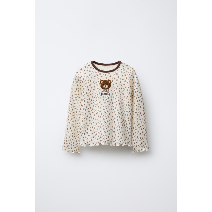 RIBBED T-SHIRT WITH ANIMAL PATCH AND FLORAL PRINT